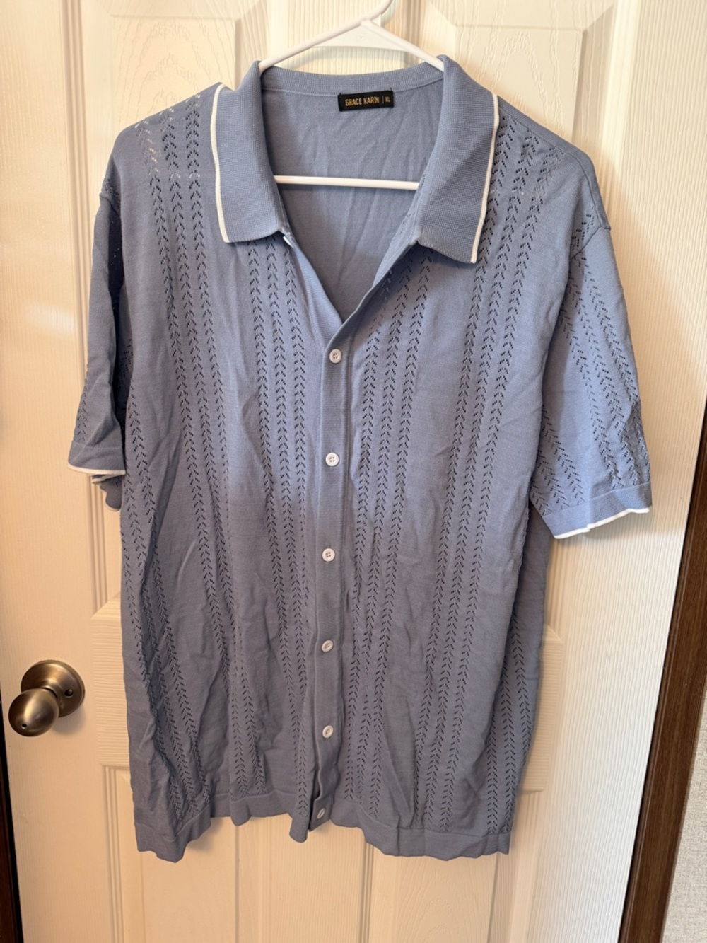 Grace Karin Men’s Light Blue Button-Up Knit Polo